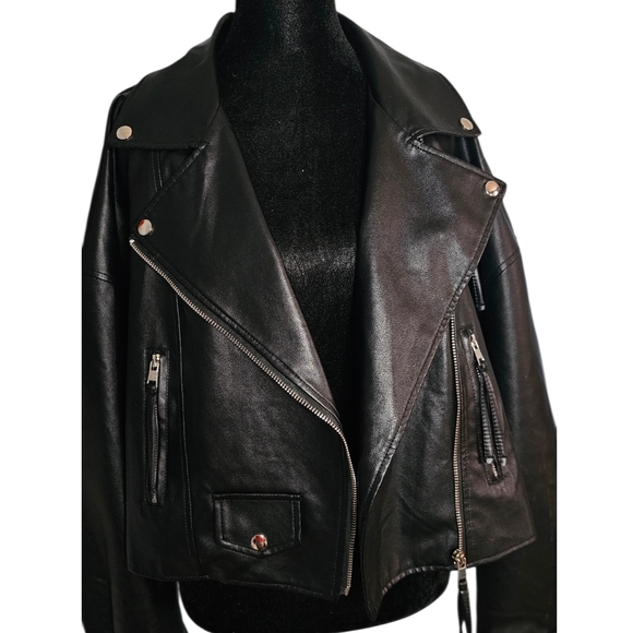 SHEIN Black Faux Leather Cropped Biker Jacket - Size L - Picture 3 of 5